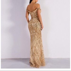 Gold sequin off the shoulder evening dress
